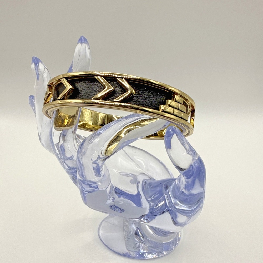 House Of Harlow 1960 Aztec Bangle Bracelet Gold Tone Metal & Black Leather 8"